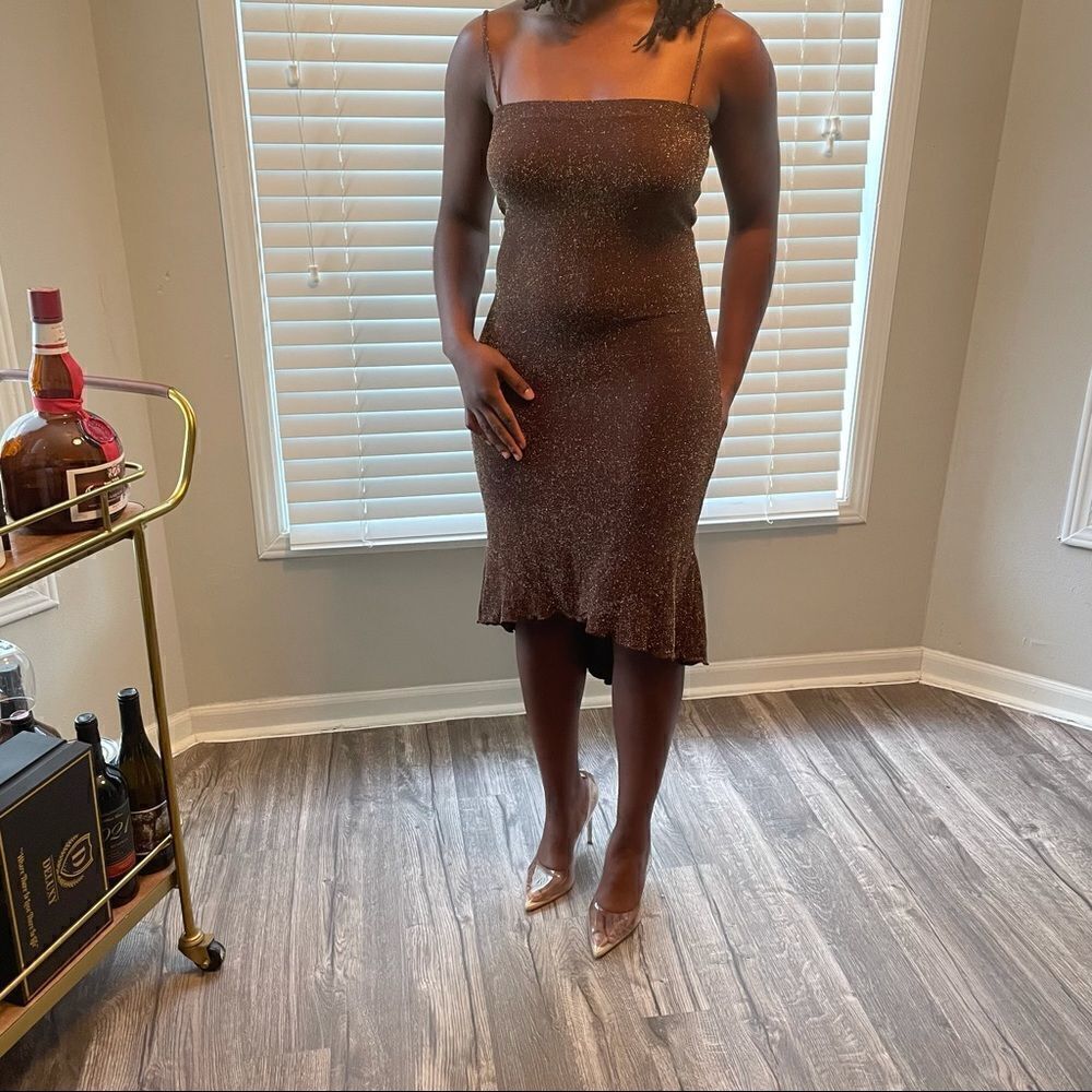PIA Vintage Brown metallic gold bronze hi-lo dress - Picture 3 of 16